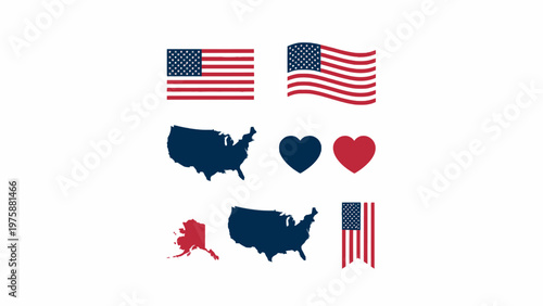 USA Flag Map and Patriotic Icons Collection on White Background