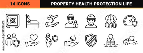 Professional insurance and risk management thin line icons set
