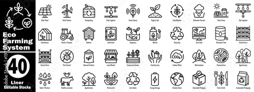 Eco farming system linear icons representing sustainability and advanced agricultural tech.