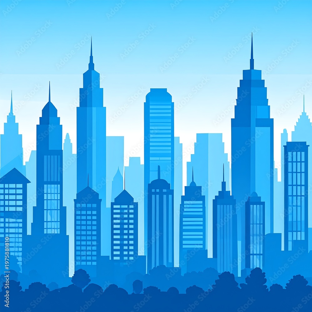 Obraz premium Silhouetted illustration of a modern cityscape with tall blue buildings
