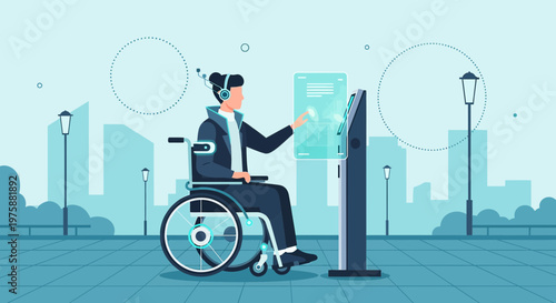 Accessibility technology interface aiding person in wheelchair for city navigation convenience