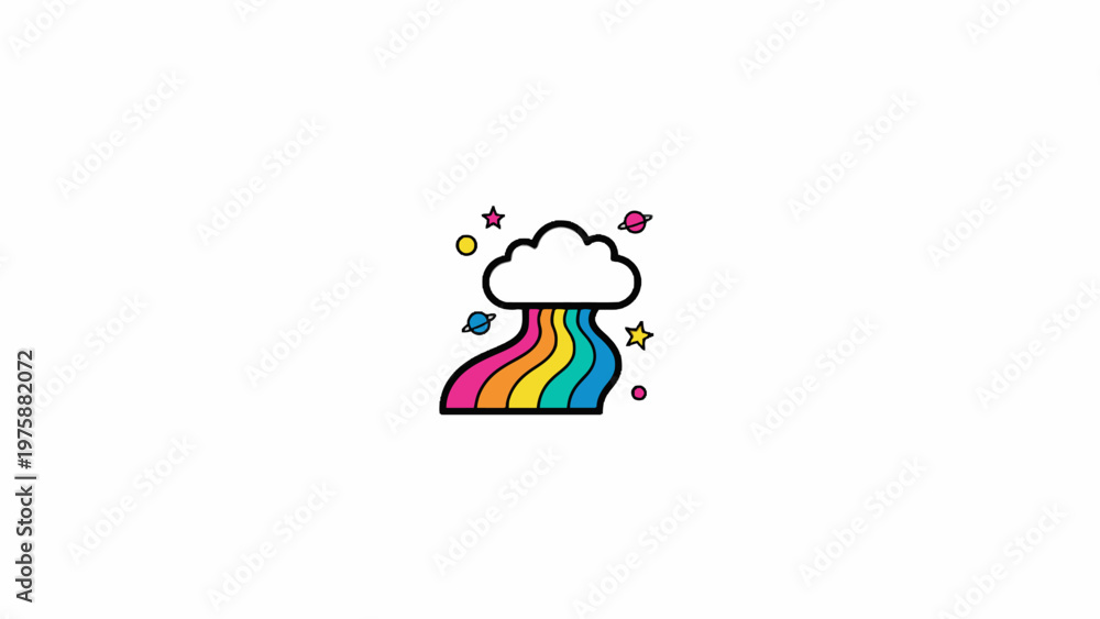 Fototapeta premium Rainbow Cloud Icon with Stars and Planets on White Background