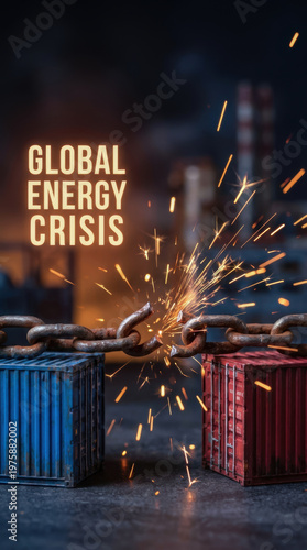 Global energy crisis petroleum shipping supply chain industrial port night spark break symbolizing fragile link of trade tension