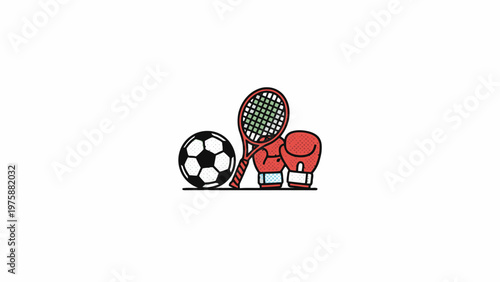 Sports equipment set with soccer ball tennis racket and boxing gloves