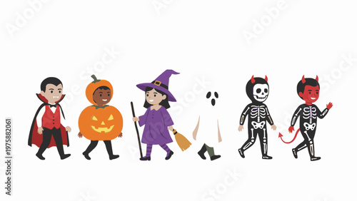Children in Halloween Costumes Walking on White Background