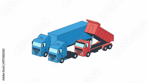 Isometric logistics transport trucks and red dump truck set