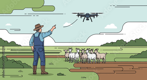 A farmer utilizes drone technology to monitor his goat herd in a picturesque countryside setting