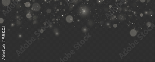 White glowing bokeh particles drift across transparent layer. Soft festive lights create elegant winter atmosphere. Ideal for modern design projects.