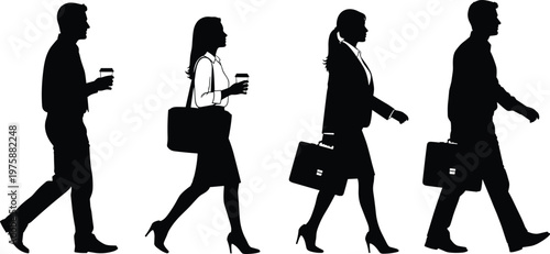 Silhouettes of business people walking with briefcases and coffee cups on white background vector illustration
