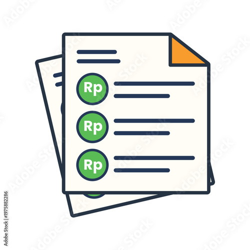 Flat vector illustration of financial documents with Indonesian Rupiah (Rp) symbols, representing invoices, billing, payments, accounting, and business finance on a clean white background.