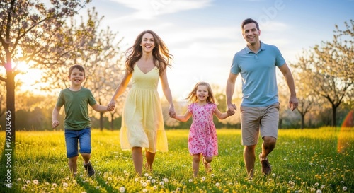 A family of four joyfully running through a field of blooming flowers, with the sun setting in the background.