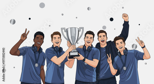 A group of overjoyed young men triumphantly hold a trophy, celebrating their victory