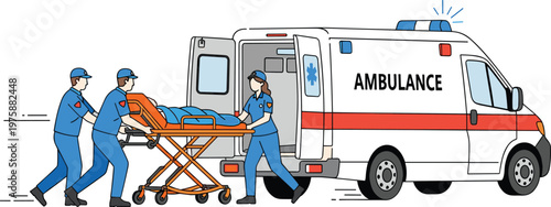 Emergency Medical Response Vector Illustration Featuring Paramedics Assisting a Patient into an Ambulance for Healthcare and 