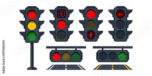 Set of traffic light icons in flat vector style, showing red, yellow, and green signals for road safety and transportation. Modern illustration for urban, driving, and traffic control concepts.