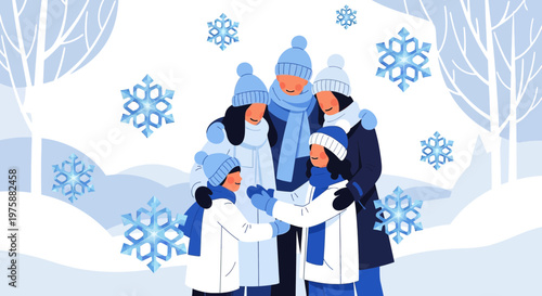 A heartwarming winter scene: Family embracing the snowy season in a vibrant illustration