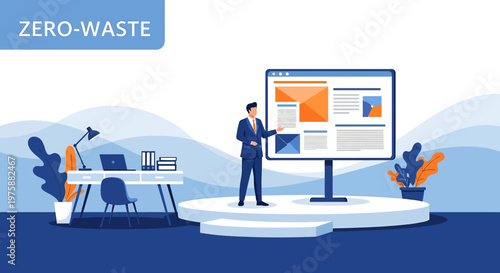 A male professional stands before a large screen, presenting data in a modern office setting