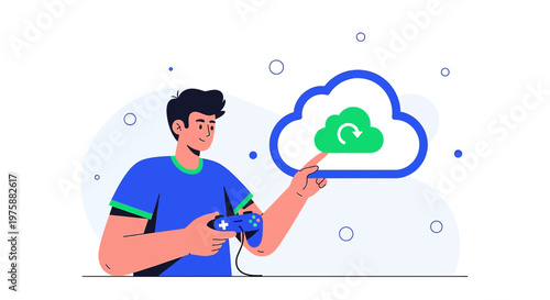 A modern depiction of cloud gaming technology showing a man interacting with virtual platforms