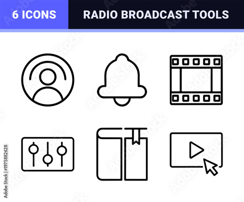 Podcast and radio broadcasting minimalist line icon set for audio streaming