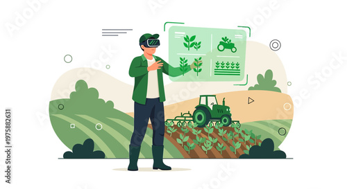 A modern farmer uses virtual reality to enhance the efficiency of agricultural crop management and