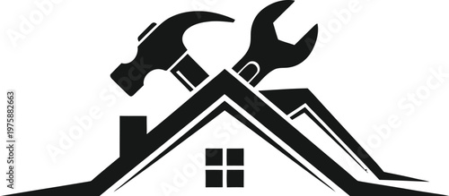 A logo featuring a hammer and wrench crossed over a roof with a chimney and window, symbolizing construction and repair services.