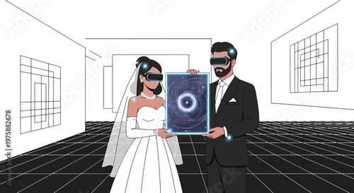 A newlywed couple experiencing their wedding day through augmented reality headsets in a modern