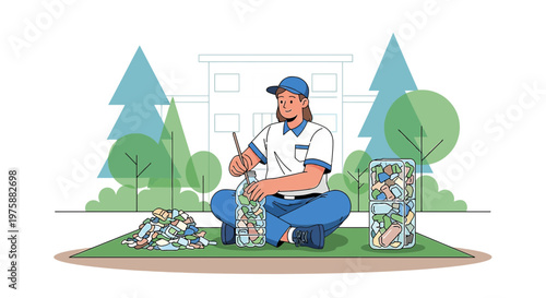 A person recycling and collecting plastic, embracing eco-conscious habits in city park setting
