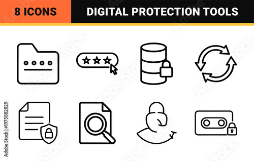 Minimalist cyber security and data protection thin line icon set