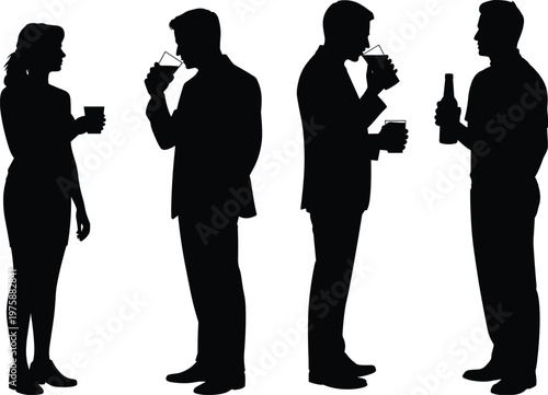 Silhouettes of People Socializing and Drinking on White Background untitled