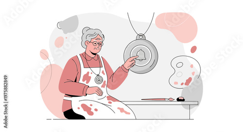 A talented senior artist points to a notification bell with an artistic touch vector illustration