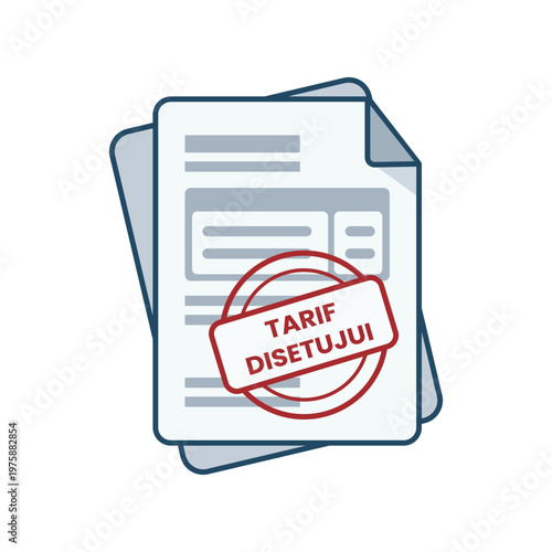 Approved tariff document icon featuring a red "Tarif Disetujui" stamp on paper sheets. Flat vector illustration for financial agreements, tax approvals, and business contracts.