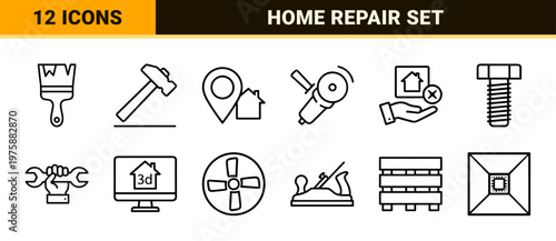 Construction and hardware tools minimalist outline icon set