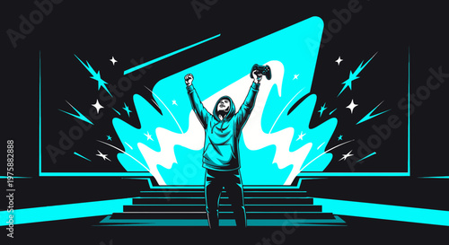 A triumphant gamer celebrates victory with arms raised, showcasing joystick and streaming