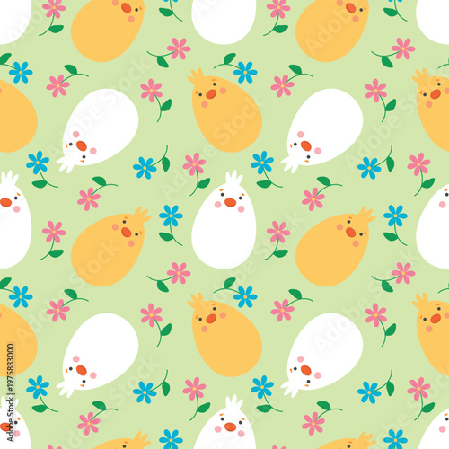 Seamless Easter pattern with cute chick and egg characters on green background, spring meadow floral texture with yellow chicks and blue flowers, vector illustration
