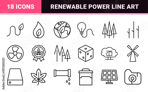Minimalist green energy and ecology line icon set for sustainable environment concepts.