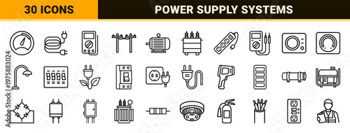 Electrical power and energy line icons for engineering and utilities