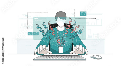 Abstract depiction of a programmer working amidst digital information streams with visual cues