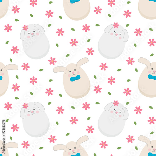 Seamless Easter pattern with cute bunny characters and pink flowers, white rabbit eggs on white background, festive spring vector texture for kids and nursery