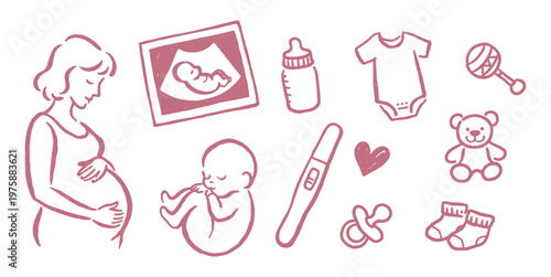 Pregnancy and baby doodle icon set hand drawn vector illustration