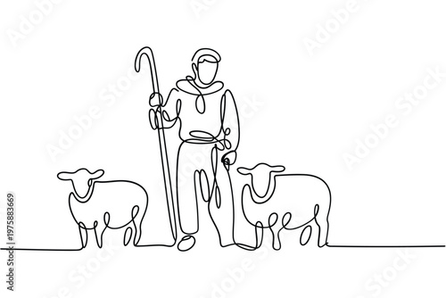 A continuous line drawing depicts a shepherd with his flock of sheep