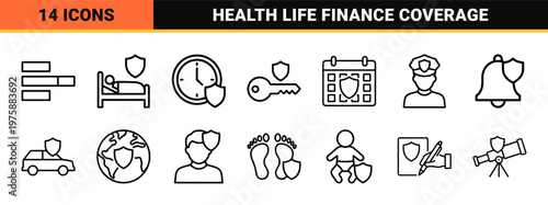 Minimalist insurance and protection line icons for business and finance