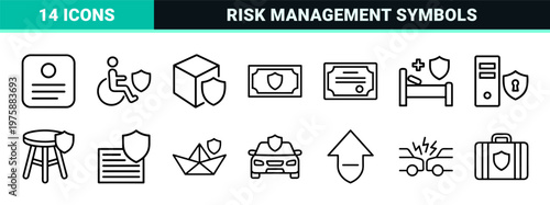 Minimalist insurance and risk management line icon set on white grid