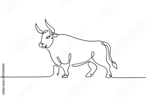 Minimalist line drawing depicts a bull in a continuous flowing design