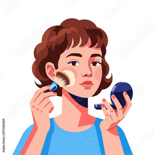 Young girl applying makeup with brush and compact mirror in hand  