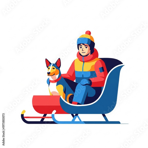 Young boy sitting in sled with dog in winter snowy landscape  