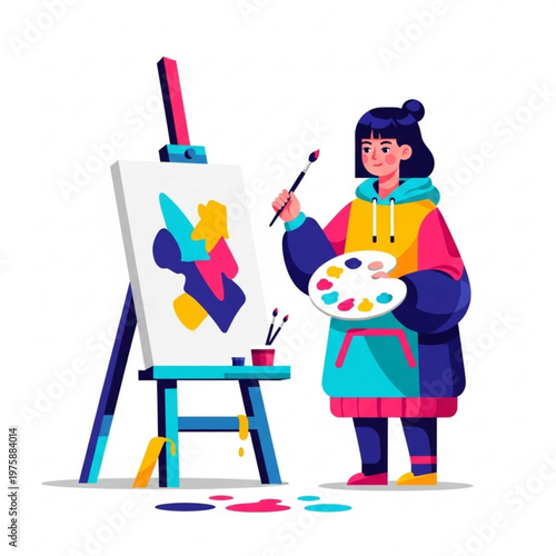Young girl painting on easel with colorful palette in creative studio  