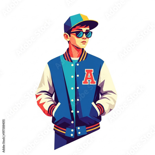 Young Asian man wearing baseball jacket and sunglasses in urban style  