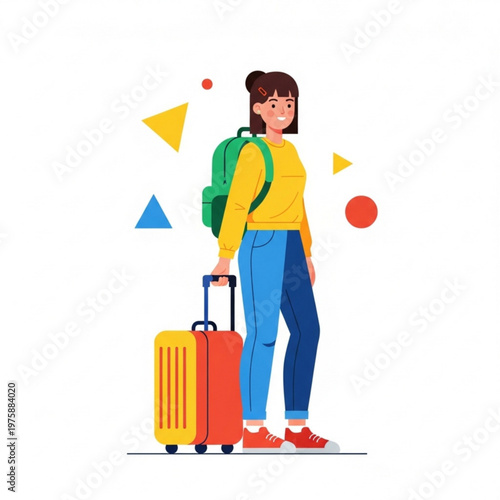 Young woman standing with a suitcase and backpack on colorful background  
