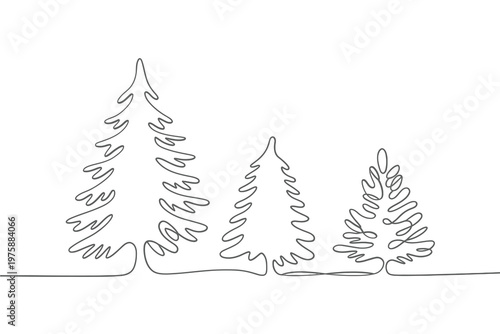Minimalist line drawing of four coniferous trees in a forest scene