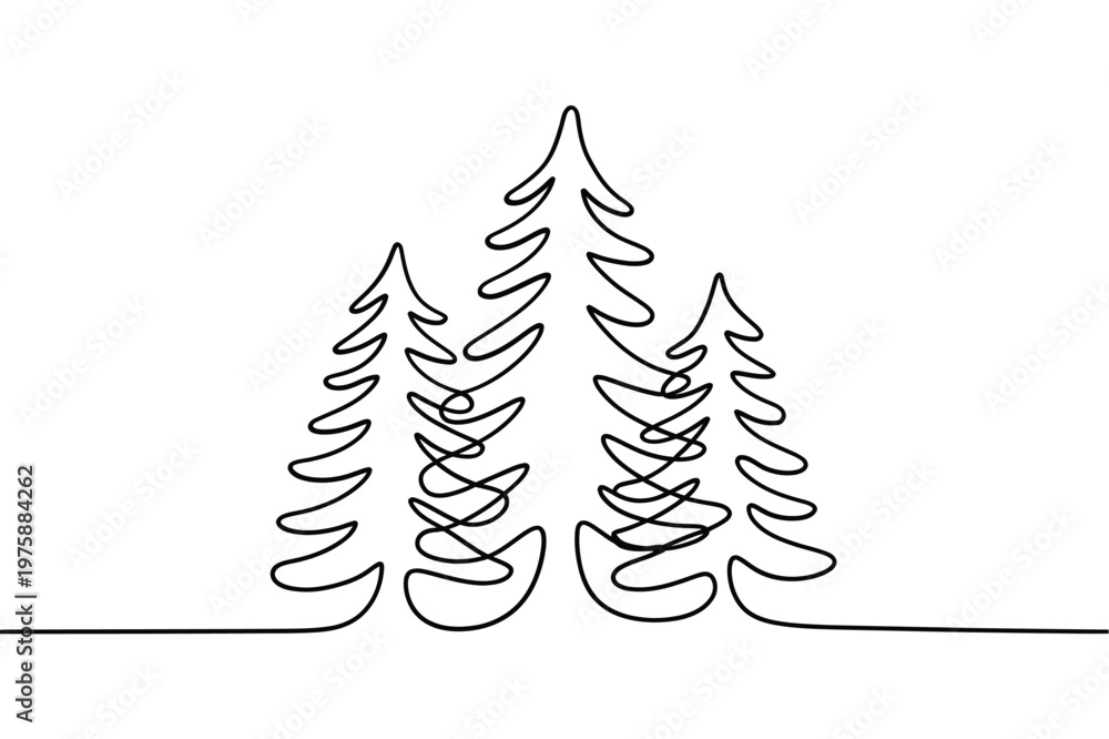 Obraz premium Minimalist line drawing of three evergreen trees in a continuous style