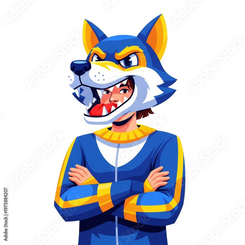 Teenager wearing wolf mascot costume with arms crossed and playful smile  